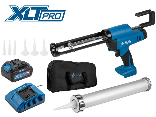Аккум. пистолет для герметика BULL CG 1860 SET(1х4), сумка, 300/600 мл, 2500 Н, 8,3 мм/с, рег. скор. (защита от вытекания, 2 кг)