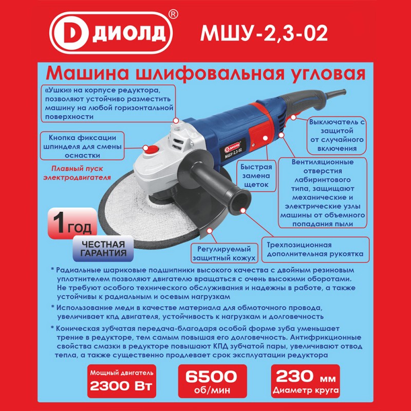 Машина шлифовальная угловая, 2300 Вт, 6500 об/мин, 230 мм, пл.пуск