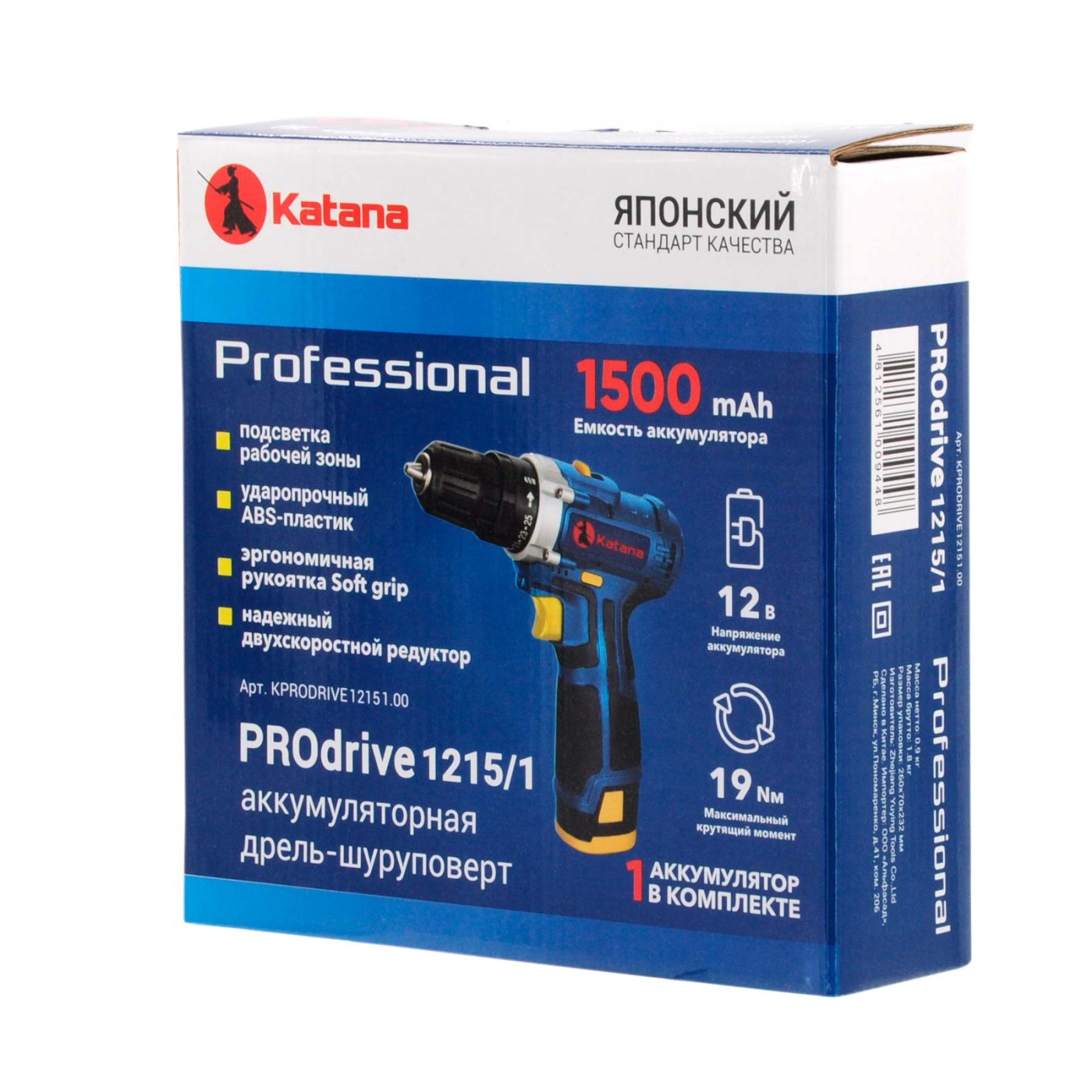 Дрель-шуруповерт аккумуляторный KATANA PROdrive 1215/1 в кор. (12В,1 акк,1,5 А/ч,Li-ion,2 ск, 19 Нм)