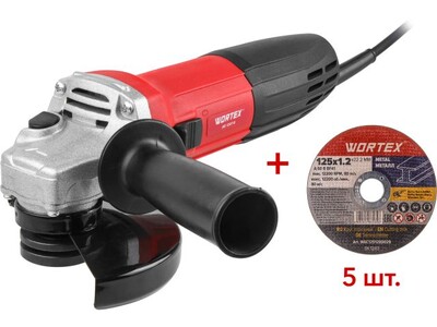 Одноручная углошлифмашина WORTEX AG 1207-6 в кор. 750 Вт, 125 мм, 0-11000 об/мин (рег.об., пылезащита двигателя и подшипника, 5 отрезных кругов в ПОДА