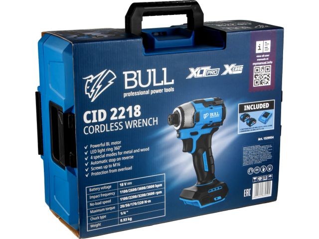 Аккум. ударный гайковерт/винтоверт BULL CID 2218 Xcase, XLTpro, SET, БЕСЩЕТ., 18 В, 220 Н*м, 2х4 А*ч