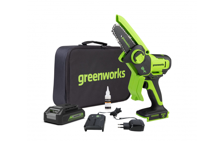 Цепная мини пила аккумуляторная Greenworks 24V G24MCS10K2 (1хАКБ 2Ач и ЗУ) 10см
