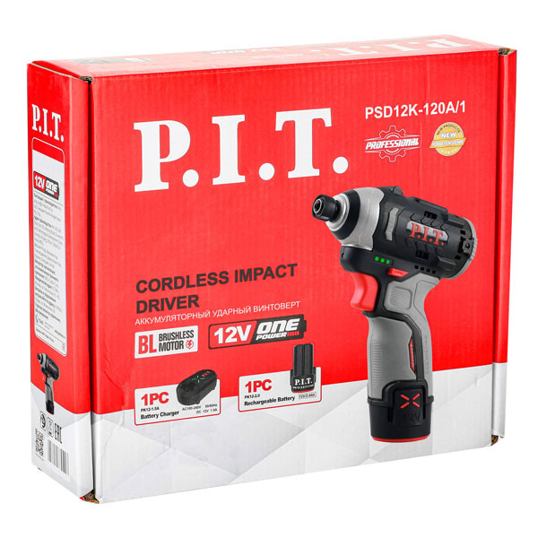 Винтоверт IMPACT аккум. бесщёточный P.I.T. PSD12K-120A/1 (12В, 120Нм, 3 ск, HEX 1/4