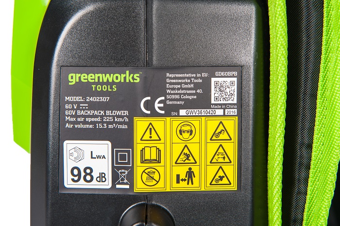 Воздуходув аккумуляторный Greenworks 60V GD60BPB (без АКБ и ЗУ) ранцевый