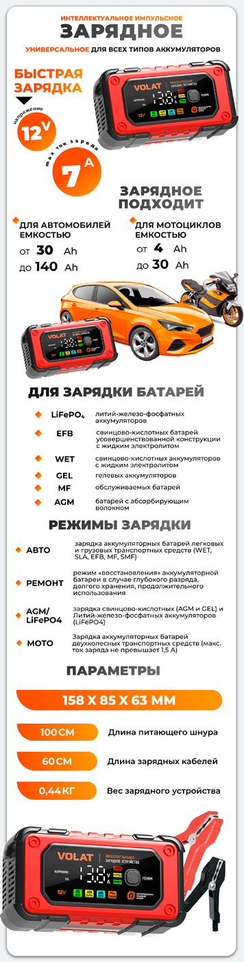 Зарядное устройство для аккумуляторных батарей VOLAT VT-BC1207E 12V 7A (AGM,GEL,WET,LiFePO4) Интеллектуальное