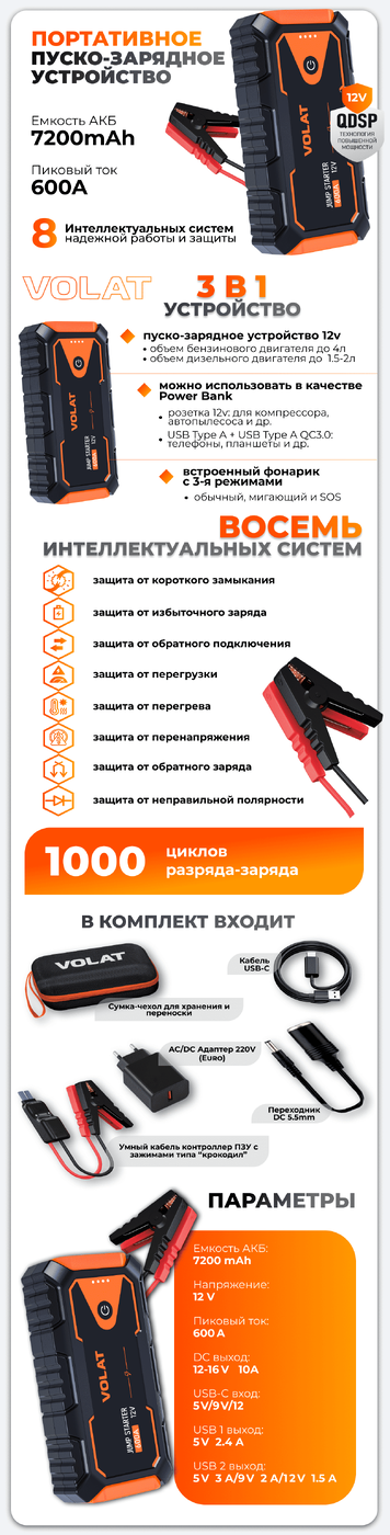 Портативное пуско-зарядное устройство VOLAT VT-PJS12601