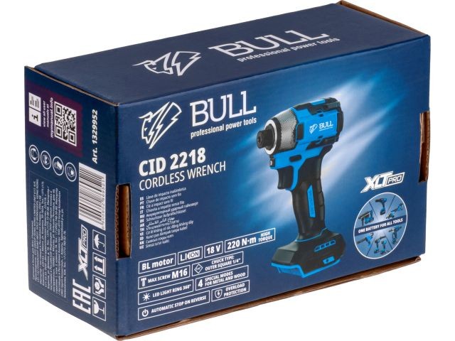 Аккум. ударный гайковерт/винтоверт BULL CID 2218 в кор. XLTpro, SOLO, БЕСЩЕТ., 18 В, 220 Н*м
