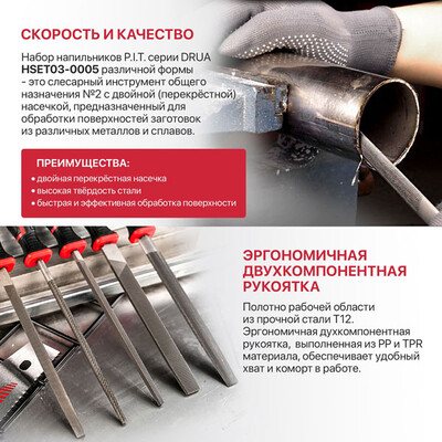 Набор напильников P.I.T. HSET03-0005 (5шт, №2, 300/200 мм, перекрестная насечка, двухкомп. рукоятка)