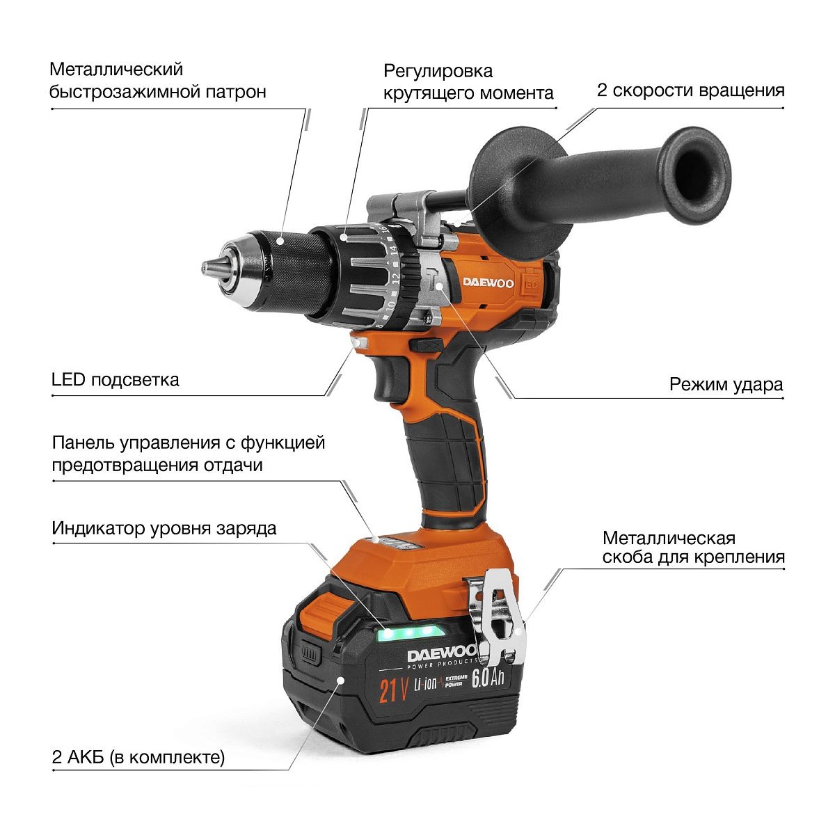 Дрель-шуруповерт ударная аккумуляторная DAEWOO DAA 2161Li