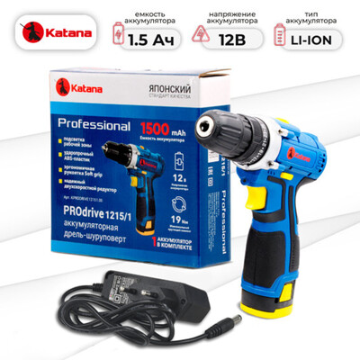 Дрель-шуруповерт аккумуляторный KATANA PROdrive 1215/1 в кор. (12В,1 акк,1,5 А/ч,Li-ion,2 ск, 19 Нм)