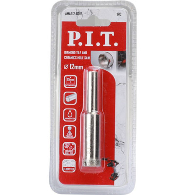 Коронка алмазная по стеклу и керамике P.I.T. 12x35 мм, кругл. хв., сухое/мокрое