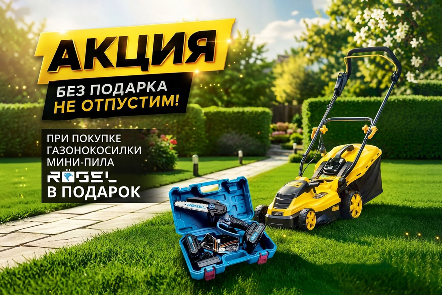 Пила цепная аккумуляторная в подарок при покупке газонокосилки СHAMPION