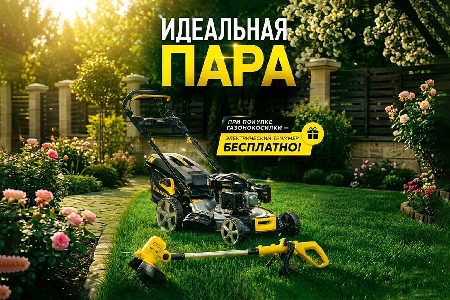 Триммер в подарок при покупке газонокосилки СHAMPION